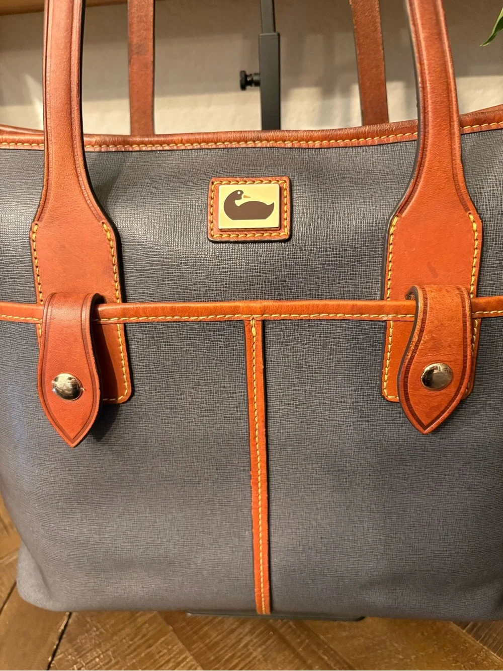 Dooney & Bourke Lexington Navy Coated Canvas Shopper Tote British Tan Leather